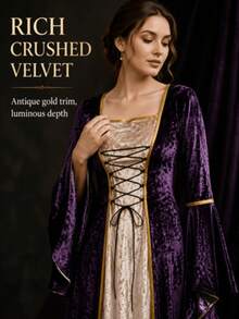 Halloween Cosplay Costume Witch Outfit Women Vampire Costume Lady Medieval Queen Costume Gold Velvet Robe Long Sleeve Renaissance Dress Lace-Up Corset - Purple - View 4