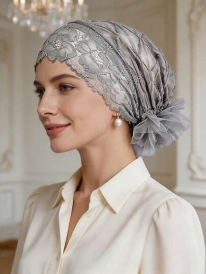 1 Piece Women's Lace Spliced Hair Cap, Lace Hotfix Rhinestone Turban Hat, Handmade Stretch Head Wrap Cap, Suitable For Daily Wear By Women And Girls