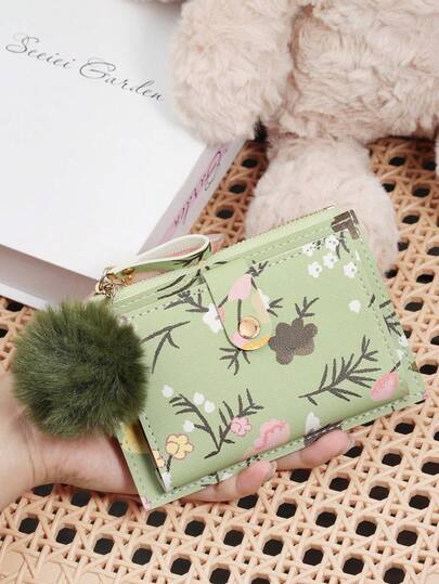 Modische Damen-Kartenetui mit Blumenmuster und Reißverschluss, verziert mit einem zarten Pompon, faltbar, mit mehreren Fächern, multifunktional und großer Kapazität