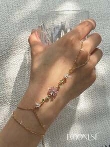 1pc Gold Stainless Steel Purple Flower Green Leaf Finger Bracelet - Gold - View 1