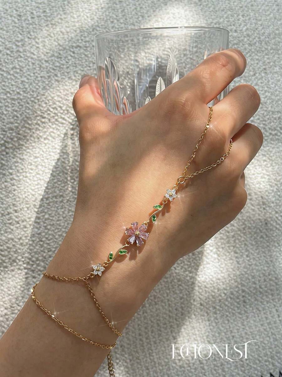 1pc Gold Stainless Steel Purple Flower Green Leaf Finger Bracelet - Gold - View 1