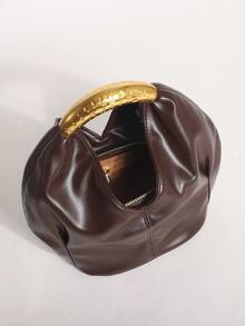 1pc Brown PU Ruffled Design Vintage Metal Hardware Handbag, Exquisite Fashion Zipper Bucket Bag, Suitable For Commuting And Shopping - Coffee Brown - View 7