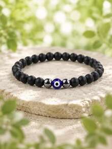 Evil Eye Lucky Protection Bracelet, Silver Beaded, Adjustable Elastic Cord, Minimalist Design, Gift For Mom, Grandma, Daughter, Sister - Suitable For Daily Occasions, All Seasons, Daily Wear Bracelet | Minimalist Bracelet | Elastic Bracelet - Black - View 15