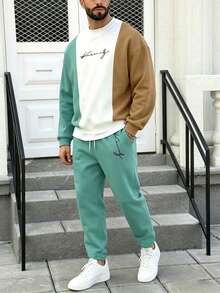 Men's Color Block Print Comfortable Versatile Crew Neck Drop Shoulder Sweatshirt And Pants Set - Multicolor - View 2
