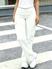 Teen Girls' White Elegant Multi-Pocket Design Stretch Comfortable Cargo Jeans - White - View 5