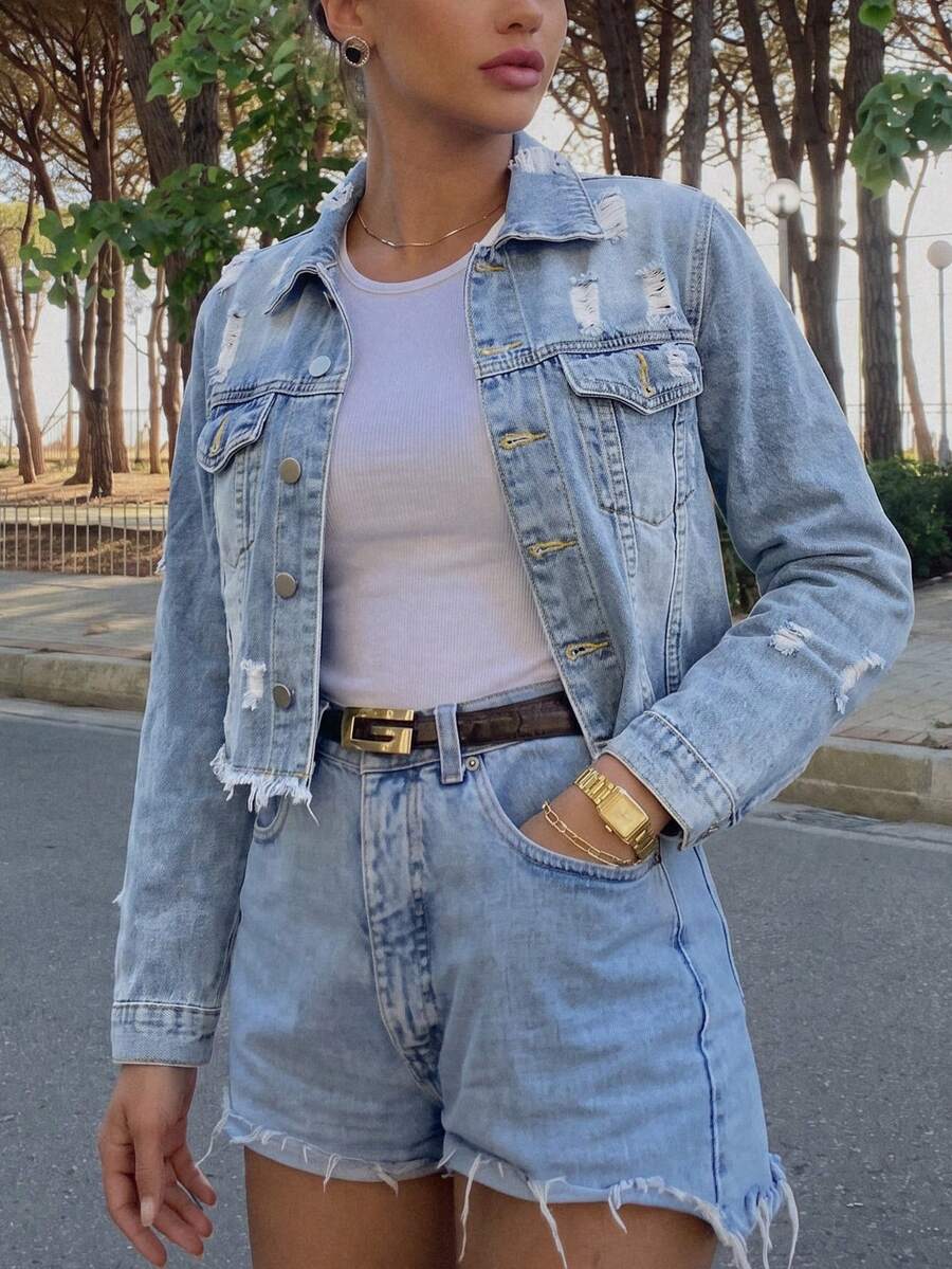 Women's Street Distressed Slim Fit Denim Short Jacket - Light Wash - View 1