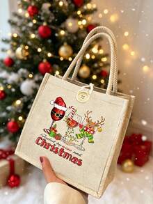 Beige Linen Tote Bag With Christmas Wine Glass & Reindeer Print, Suitable For Christmas Gifts, Travel And Daily Use - Multicolor - View 6