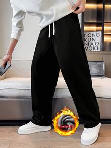 Men's Casual Autumn/Winter Thermal Lined Long Pants. Drawstring Minimalist Design. Side Pockets - Convenient For Carrying And Storage Sports Black - Black - View 1