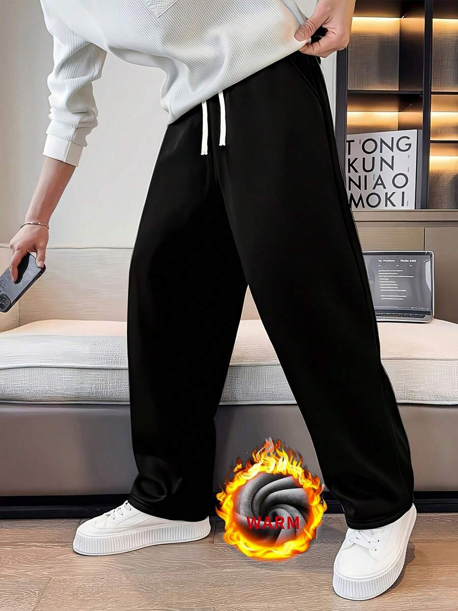 Men's Casual Autumn/Winter Thermal Lined Long Pants. Drawstring Minimalist Design. Side Pockets - Convenient For Carrying And Storage Sports Black - Black - View 1