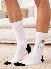 Custom Face & Text Mid-Calf Socks, Personalized Upload Photo Cartoon Image With Customized "I Love" Text Print, Novelty Fun Gift - Multicolor - View 2