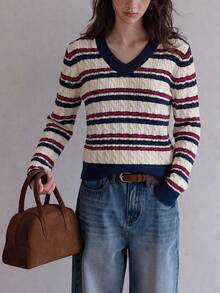 Sweater Pullover Leher V Bergaris Gaya Preppy Musim Gugur/Dingin untuk Wanita - Navy Blue - View 5