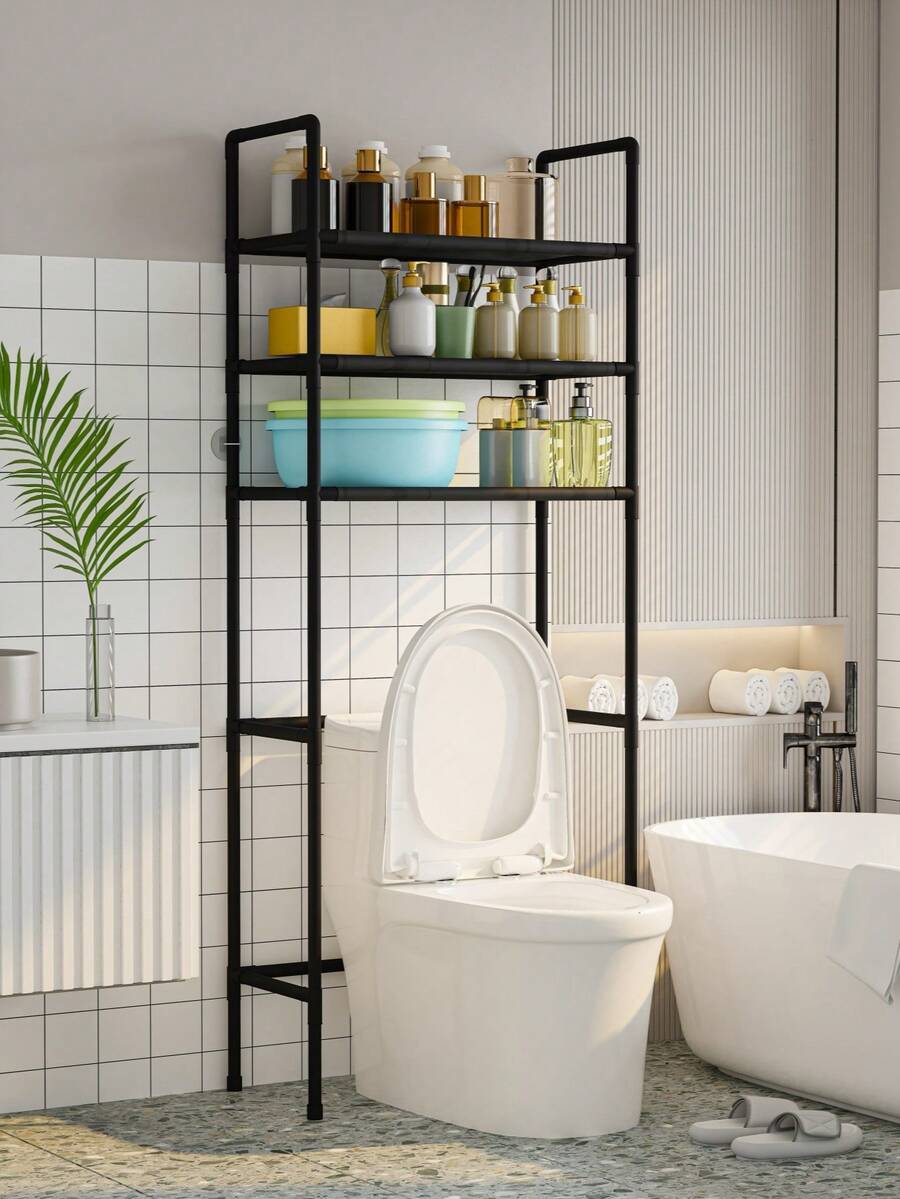1pc Floor Standing Toilet Storage Rack, Black/White Balcony Storage Shelf, Bathroom Multi-Layer Organizer, Minimalist Washing Machine Rack. Suitable For Bathroom And Balcony. - Multicolor - View 1