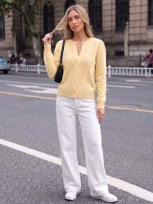 BuyK [Tops]Cute Pale Yellow Cable Knit Cardigan, Crew Neck Button-Up Puff Sleeve Sweater, Casual Fall Daily Wear - Yellow - View 2