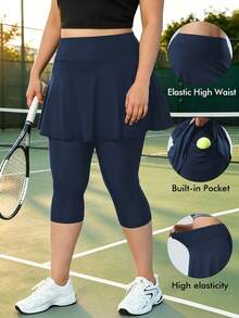 Plus Size Women's High Waist Tight Leggings, 2-In-1 Pants, With Inner Pockets, Capri Yoga Pants, Suitable For Sports, Tennis And Golf - Navy Blue - View 2
