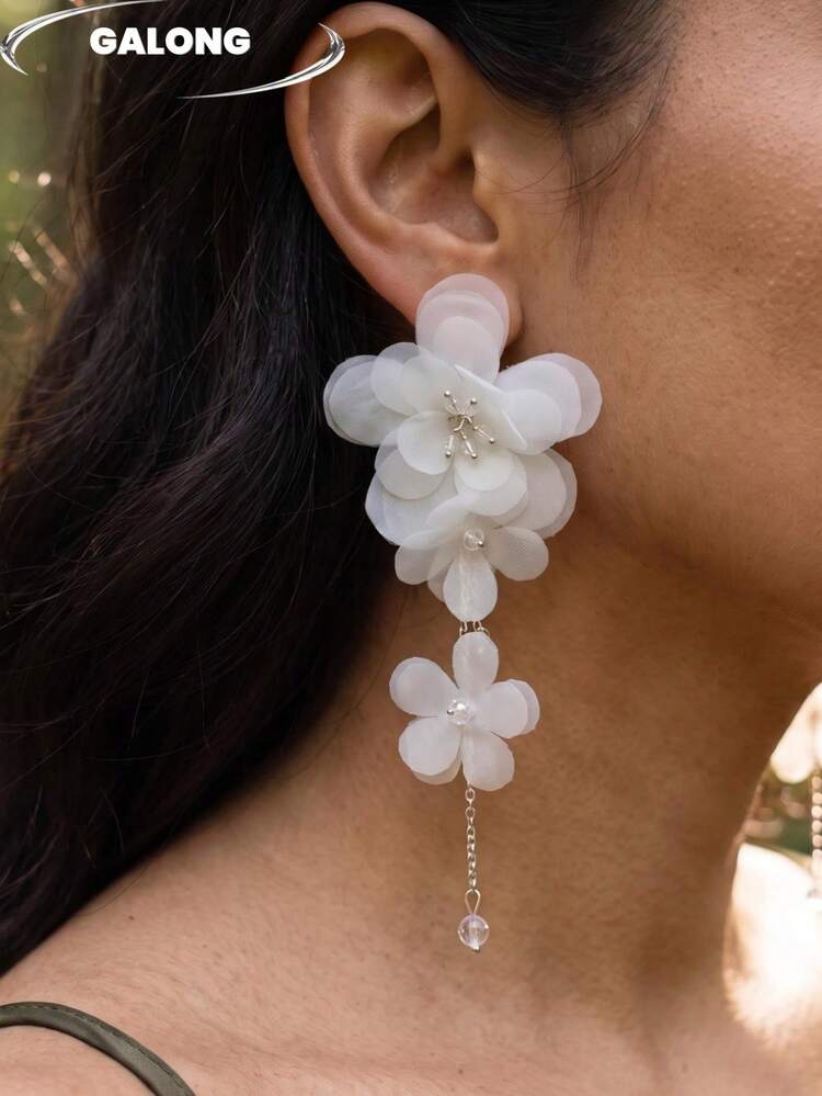 White 3D Flower Earrings, Multi-Layer Rhinestone Petal Gold Chain Dangle Earrings, Fairy Style Woodland Earrings, Bridal Wedding Date Night Long Earrings - White - View 1