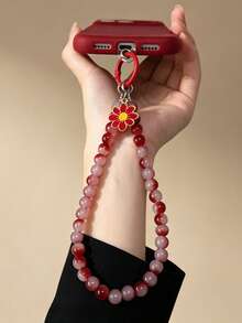 Cute Red Daisy Phone Lanyard, Sweet Red & Pink Beaded Phone Strap, Aesthetic Floral Wristband - Multicolor - View 5
