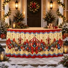 1pc Polyester Christmas Circus Tent Carousel Drum Big Bow Star Ribbon Daisy Wreath Vintage Carnival Wavy Edge Printed Tablecloth Table Skirt Decoration, Suitable For Holiday Party, Cafe, Buffet, Banquet, Retail Stall, Holiday Reception Counter Decoration - A - View 2