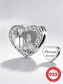 1顆 S925 純銀心形情侶肖像珠，鑲鋯石雙面雕刻「I Love You Forever」婚禮戀人週年 DIY 手鍊大孔銀珠 - 銀色 - 查看 1