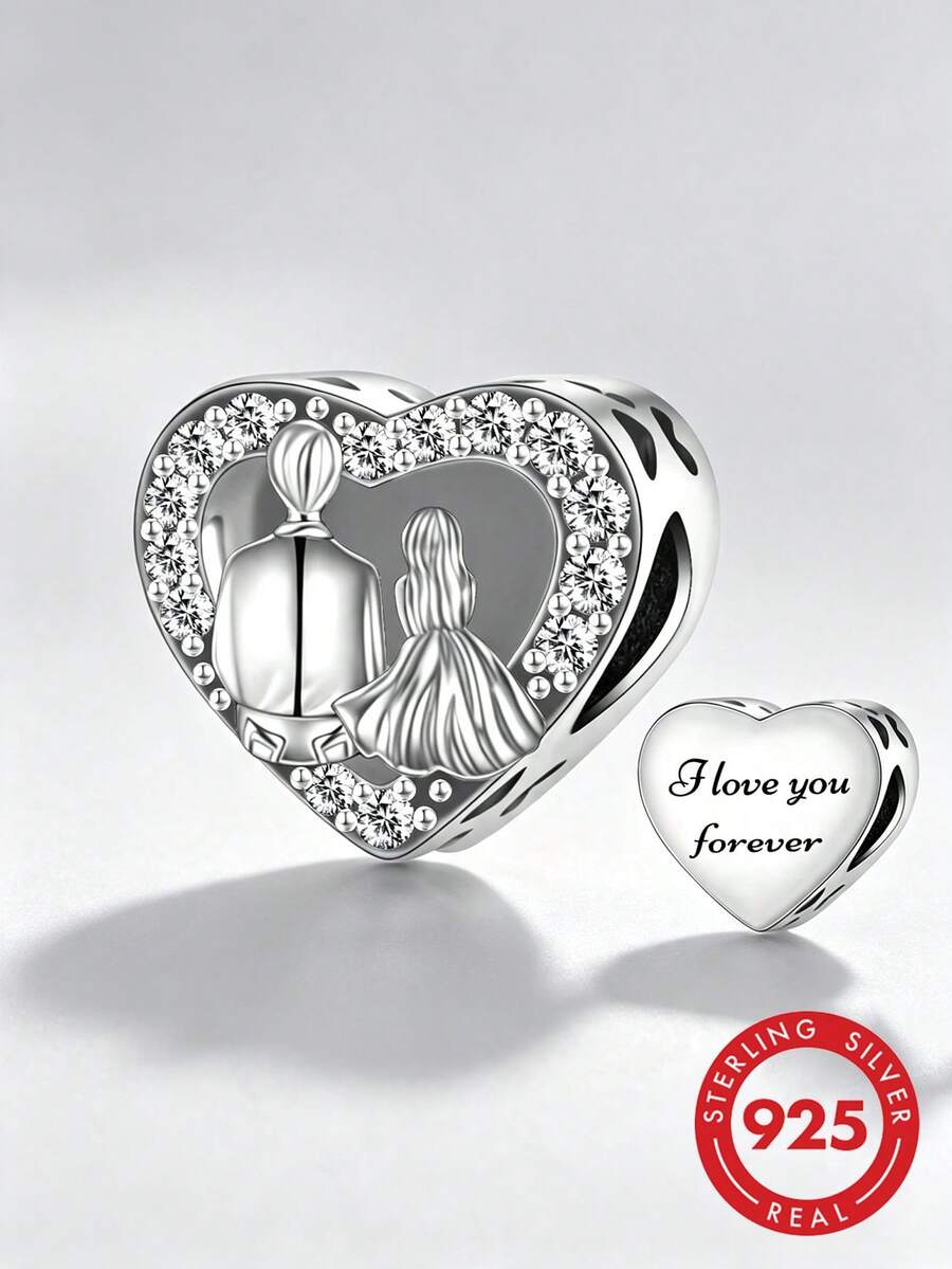 1顆 S925 純銀心形情侶肖像珠,鑲鋯石雙面雕刻「I Love You Forever」婚禮戀人週年 DIY 手鍊大孔銀珠 - 銀色 - 查看 1