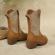 Children's Retro Mid-Calf Star & Moon Embroidered Western Cowboy Boots - Brown - View 4