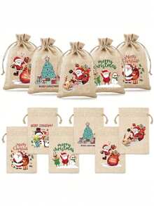 8pcs Drawstring Linen Christmas Gift Bags, Santa Claus, Reindeer And Snowflake Patterns, Reusable Holiday Party Gift Bags, Suitable For Christmas, New Year Party Gift Supplies, Gift Wrapping Bags, Merry Christmas - Christmas Burlap Bag - View 8