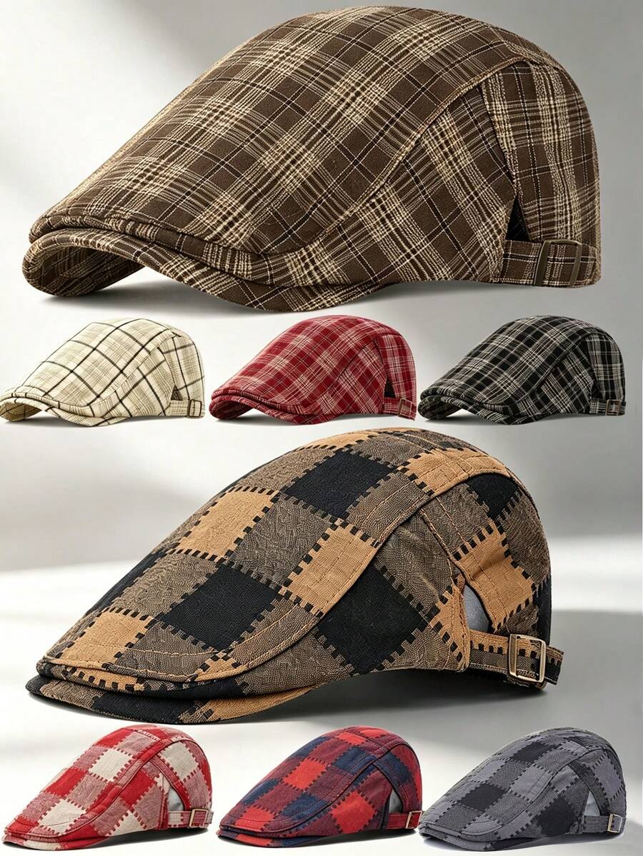 2 Gaya Topi Newsboy Kotak-kotak & Patchwork, Topi Beret Ivy Datar Vintage untuk Pria & Wanita - Kotak-kotak - View 1