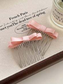 2pcs/Set Women's Cute Elegant Minimalist Fashion Street Style Black/Beige/Blue/Pink Bow Metal Side Hair Comb, Daily Vacation Gift, Vacation Hair Accessory - Multicolor - View 9