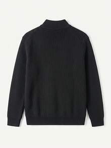 Men's Half-Zip Stand Collar Knit Sweater, Solid Color Ribbed Texture Pullover, Casual Commute Thickened Top, Autumn/Winter - Black - View 10