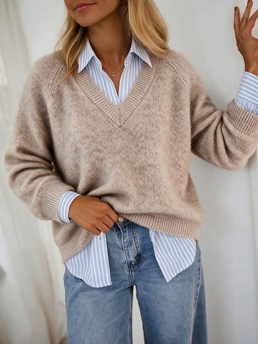 SEREN Women's New All-Match V-Neck Knit Sweater, Loose Slouchy Versatile Base Layer For Autumn/Winter, Suitable For Daily Commute Wear - Yan - View 1