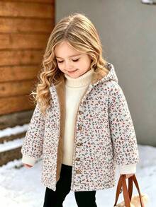 Young Girl Floral Hooded Jacket, Thermal Lined Thickened Full Print Ditsy Floral Single-Breasted Ribbed Cuffs Mid-Length Warm Top, Late Autumn/Winter - Multicolor - View 1