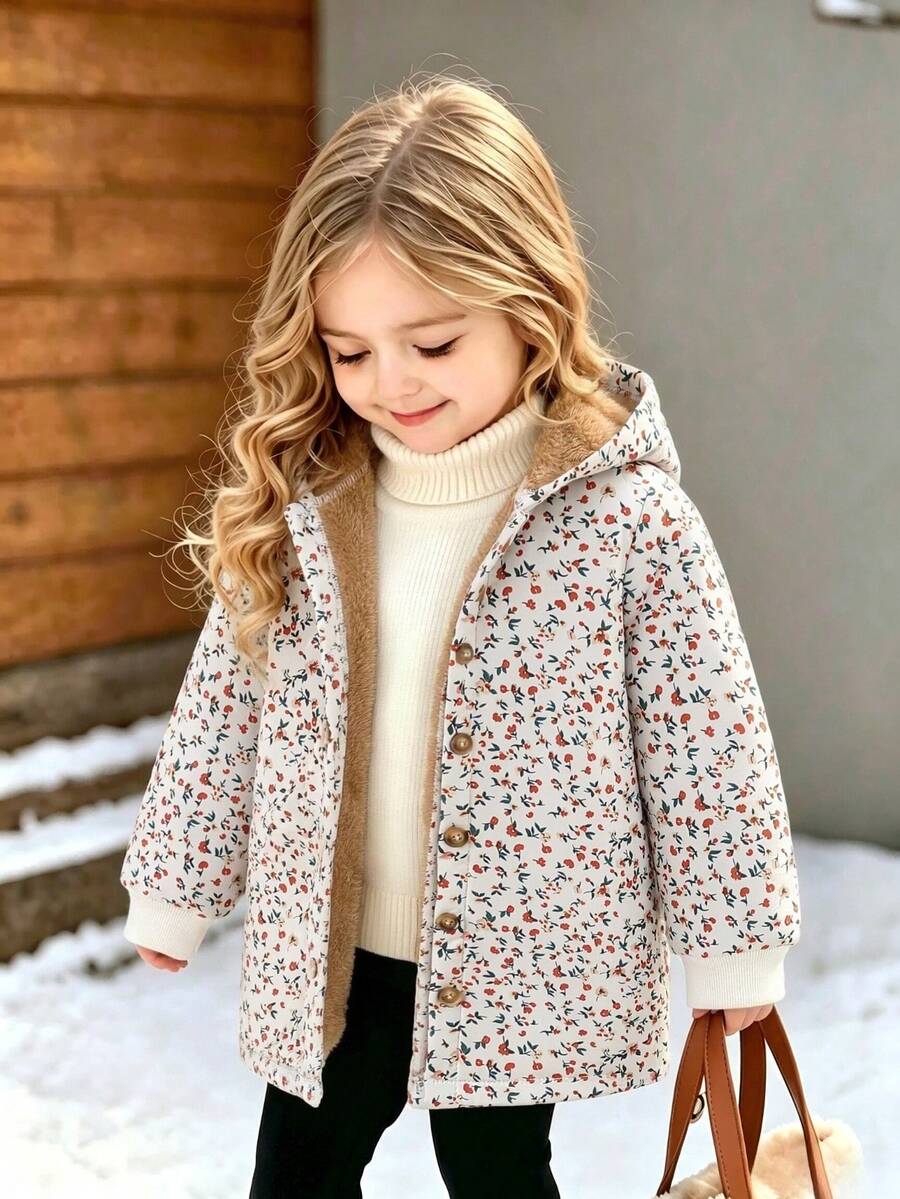 Young Girl Floral Hooded Jacket, Thermal Lined Thickened Full Print Ditsy Floral Single-Breasted Ribbed Cuffs Mid-Length Warm Top, Late Autumn/Winter - Multicolor - View 1