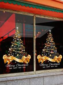 1pc Gold Christmas Tree Sticker DIY Merry Christmas Sticker Window Glass Door Static Cling, Window Decal, Glass Decoration, Holiday Pattern, Modern Style, Easy To Apply Without Glue, Seasonal Sticker, Holiday Gift, Holiday Shopper - Multicolor - View 3