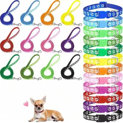 24Pcs Dog Collar And Leash Set, Puppy Collar And Leash Set Quick Release Buckle Adjustable Paw Print Puppy Collar Soft Nylon Pet Collar For Puppy Small Dogs Walking Training