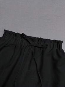 女款仿亞麻拼接蕾絲飾邊寬鬆休閒長褲 黑色 - 黑色 - 查看 3