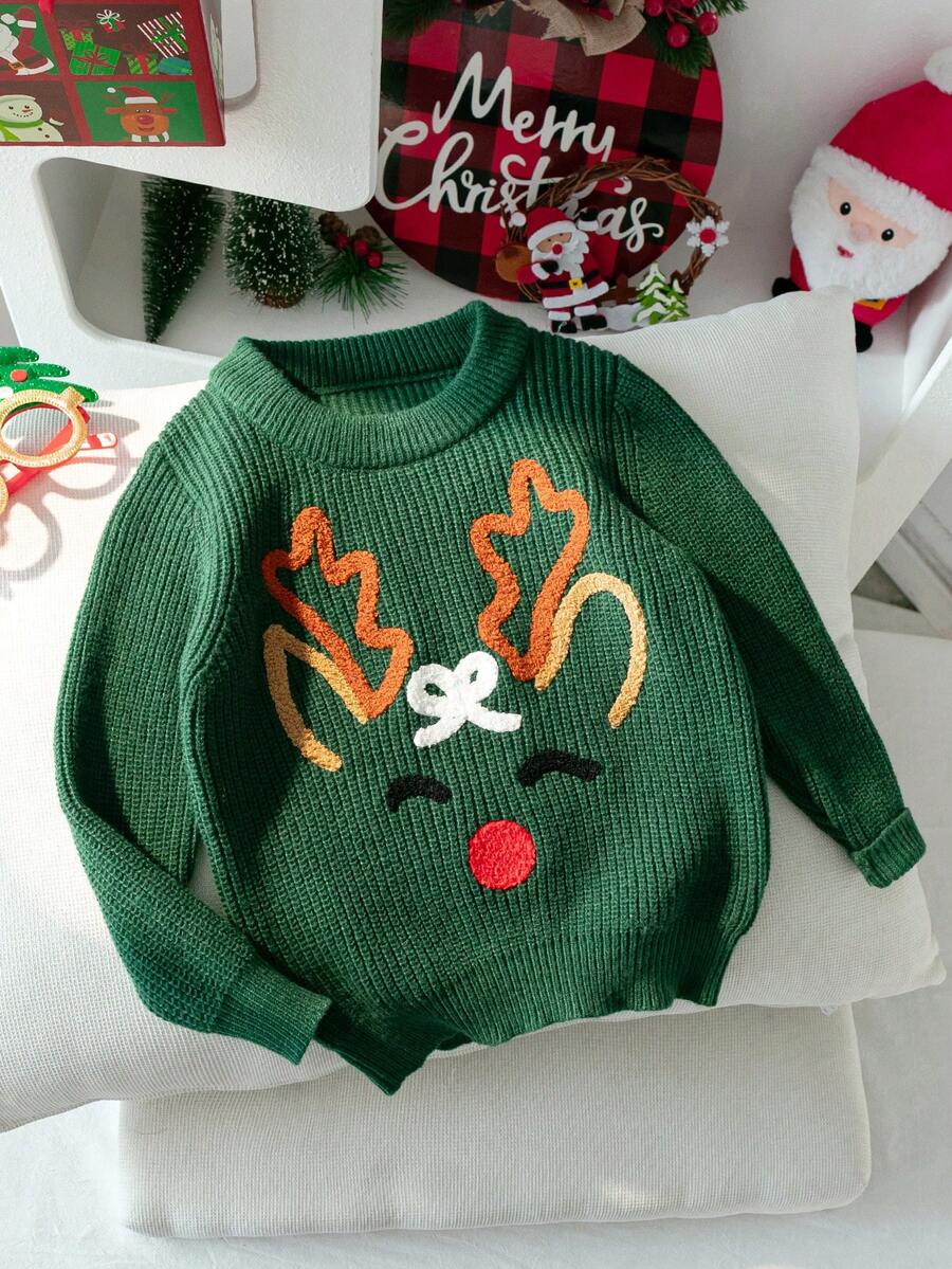 女童可愛聖誕馴鹿刺繡針織長袖套頭上衣,適合聖誕派對,春秋冬季穿著 - 綠色 - 查看 1