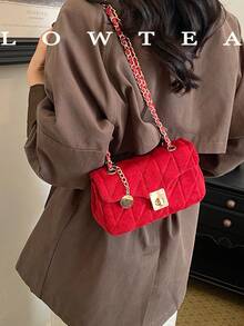 Bolso de hombro con correa de cadena y patrón de diamantes acolchados, bolso cuadrado pequeño de moda, cierre de bloqueo giratorio con cadena de metal, adecuado para niñas, mujeres, estudiantes universitarias, nuevas profesionales y trabajadores de cuello blanco, perfecto para trabajo, negocios, desplazamientos y escenarios escolares - Rojo - Ver 10