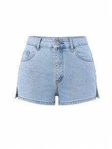 夏季歐美街頭風彈性緊身前衛極簡性感休閒中腰女款牛仔短褲熱褲 - 淺色水洗藍 - 查看 9