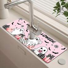 1pc Halloween Ghost Pattern Sink Faucet Water Absorbent Mat, Drainage Mat, Suitable For Kitchen, Bathroom Sink, Countertop, Drainage Mat, Diatomaceous Earth Material, Trimmable, Quick-Dry Mat - Multicolor - View 2