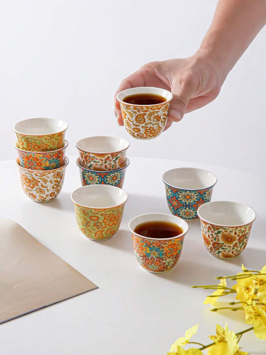 Bohemian Floral Ceramic Tea Cups, 4/8 PCS Porcelain Small Teacups, Vintage Drinkware For Ramadan, Eid Al‑Fitr, Home Party Daily Use - Multicolor - View 1