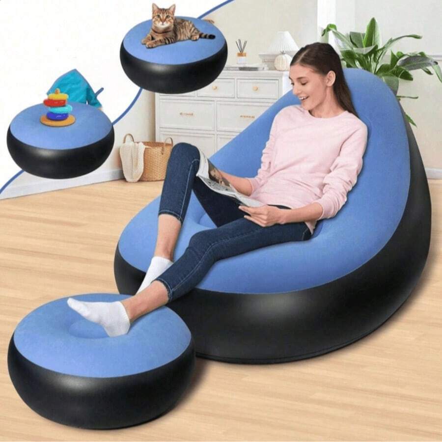 Inflatable Chair With Footstool, Adult Flocked Inflatable Sofa, Comfortable Inflatable Air Cushion Chair, Waterproof Portable Inflatable Sofa, Camping Inflatable Sofa - Chair - View 1