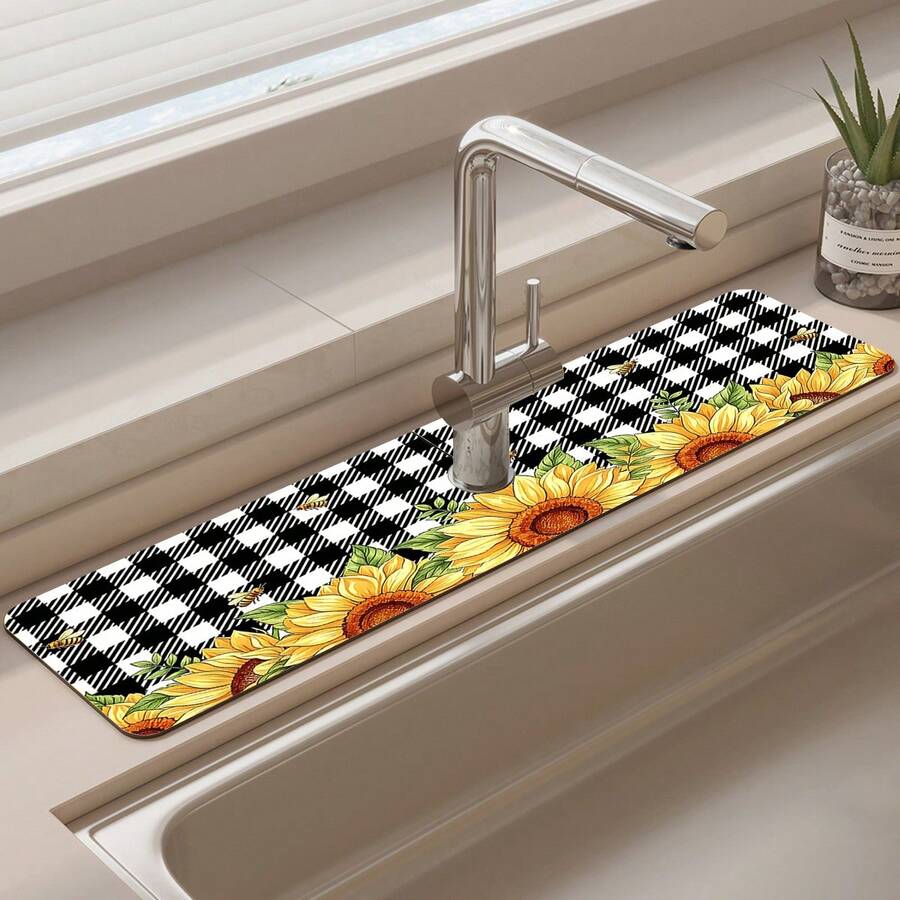 1pc Sunflower Floral Pattern Rubber Faucet Splash Guard Mat, Bathroom Faucet Anti-Splash Pad, Mud Guard, Moisture-Proof Non-Slip Faucet Mat, Kitchen Countertop Accessory. Protect Your Kitchen Countertop. - Multicolor - View 1