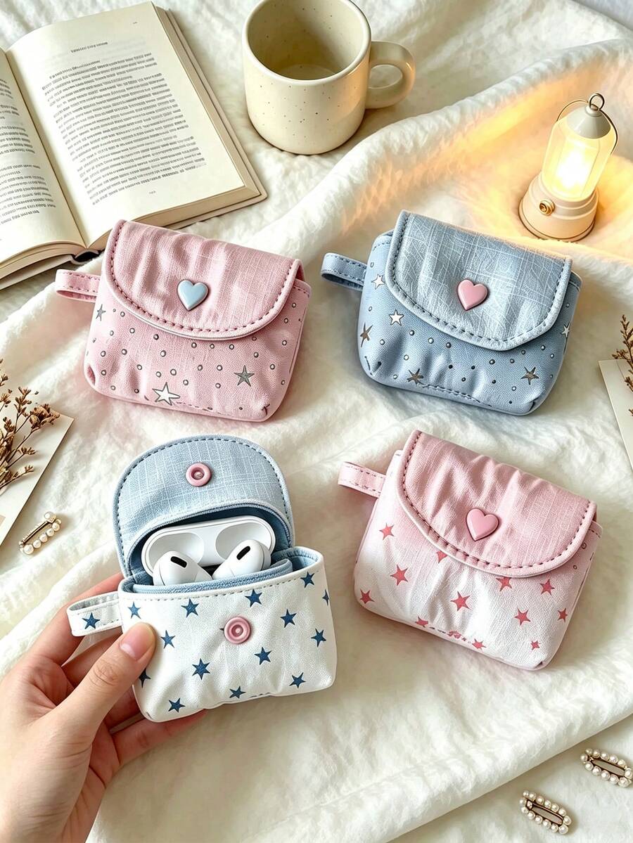 1pc Squishy Sequined Five Pointed Star Earphone Cases, INS Minimalist Glitter Decor Hard Shell Protective Covers, Soft Lined Wireless Bluetooth Earbud Storage Box All Season Portable Accessory For Women Daily Travel Indoor Outdoor Use
