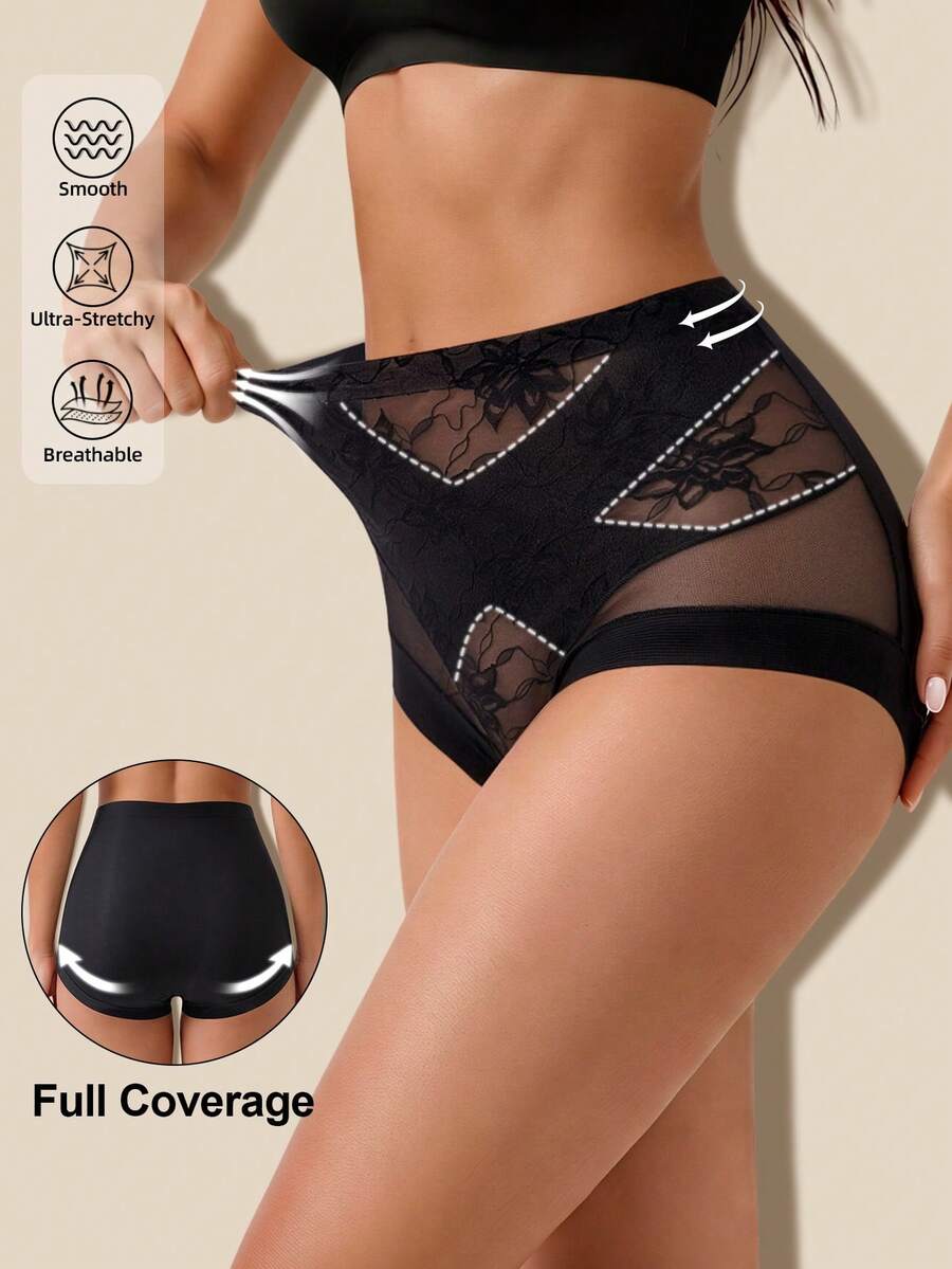1pc Women's Tummy Control Panties Solid Color Basic Lace Mesh Patchwork Sexy Triangle Briefs - Black - View 1