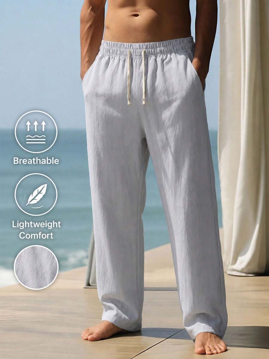 Blue Linen Men's Pants, Loose Fit, Wide Leg, Comfortable, Summer, Home, Casual, Flowy, Open Hem, Drawstring Waist Sports Fall - Baby Blue - View 1