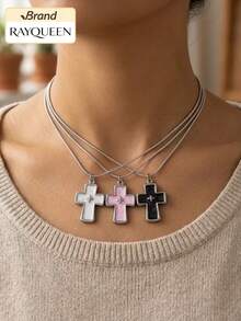 RAYQUEEN 1pc Stainless Steel Vintage Cross Pendant Necklace, 3 Colors, Personalized For Women, Suitable For Daily Wear - necklace - View 2