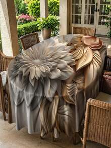 1pc Luxury 3D Floral Round Tablecloth, Beige Gray Gold Polyester Table Cloth With Oversized Flower And Layered Leaf Print, Elegant Dining Table Cover For Kitchen, Dining Room, Wedding, Party, Restaurant And Modern Home Decor - Multicolor - View 5