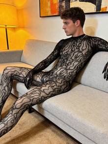 Men's Sexy Fishnet Leopard Print Lingerie Jumpsuit Hollow Out See-Through Seductive - Black - View 2
