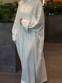 Women's Loose Casual Long Sleeve Collared Long Striped Shirt Dress, Striped Front Button-Down, Daily & Date - White - View 5