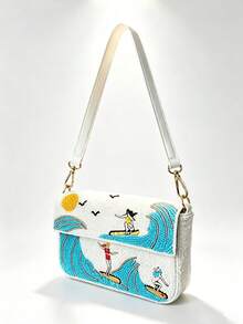 Tidet Ever Women's Summer Beach Handmade Beaded Shoulder Handbag, White Surf Wave Pattern, Crossbody Bag, Bohemian Style, Fashion Casual Daily Wear - Blue and White - View 3