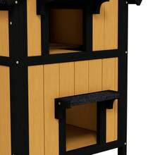 Casa para Gatos de Madera de Abeto de 2 Pisos con Múltiples Entradas, Casa para Animales Pequeños Resistente a la Intemperie con Techo de Asfalto para Uso en Exteriores - Amarillo + Madera - Ver 4